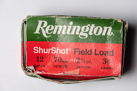 Gothenburg, Sweden - July 2019: Remington 12 gauge ShurShot Field Load shotgun shell box on white...