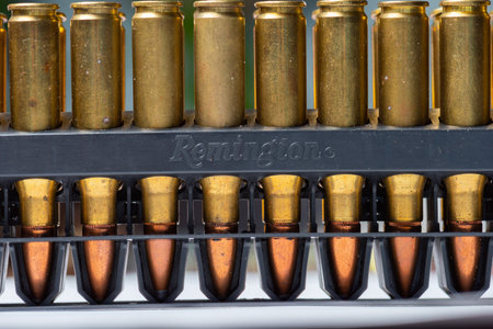 Gothenburg, Sweden - July 2019:  Stack of Remington .308 RP cartridges.