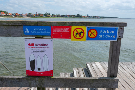 HÃ¶ganÃ¤s, Sweden - July 18 2021: Swimming information signs at the HÃ¶ganÃ¤s docksのeditorial素材