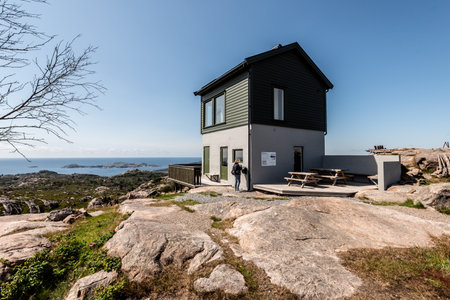 Lindesnes, Norway - August 04 2021: Skibmannsheia vantage point and its newly renovated hut