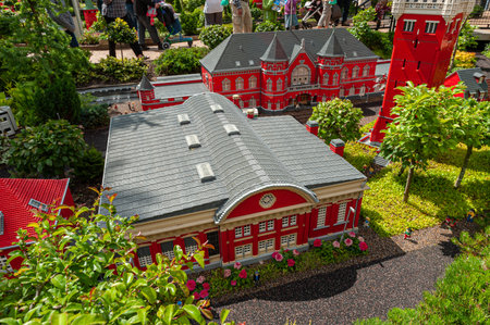 Billund, Denmark - June 25 2011: Red train station built in Lego at Legoland Billund.のeditorial素材