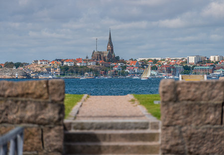 Lysekil, Sweden - July 25 2020: View of Lysekil church from across the Gullmarn fjord