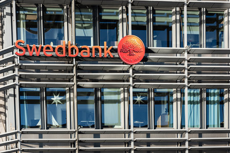 Gothenburg, Sweden - January 2019: Company logo of Swedbank on a building.のeditorial素材