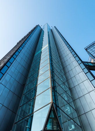 Gothenburg, Sweden - september 10 2020: Looking up a tall glass and steel high-rise building.