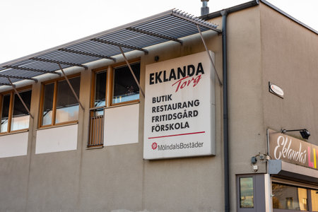 Moelndal, Sweden - March 05 2022: Eklanda Torg sign informing of the local services offeredのeditorial素材