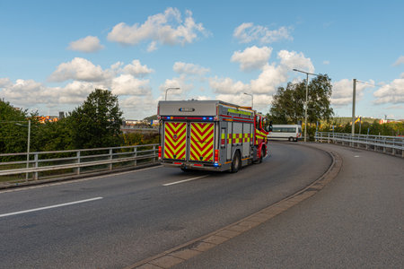 Gothenburg, Sweden - October 09 2020: Fire truck responding to an alarm.