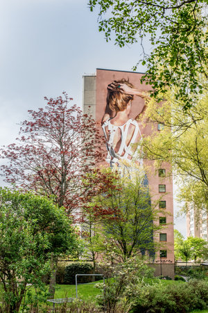 Gothenburg, Sweden - May 21 2017: Tall wall mural at apartment house in FrÃ¶lundaのeditorial素材