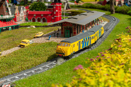 Billund, Denmark - June 26 2011: Lego model of a yellow train at Legoland Billundのeditorial素材