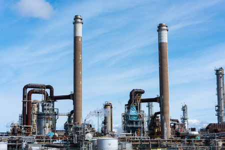 Gothenburg, Sweden - April 03 2022: Pipes and plumbing at an oil refinery