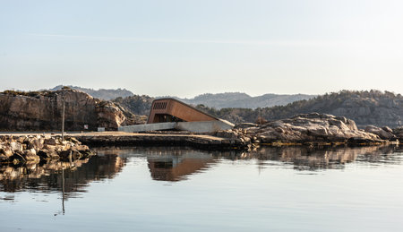 Lindesnes, Norway - April 17 2022: Underwater Michelin restaurant Under in early morning light