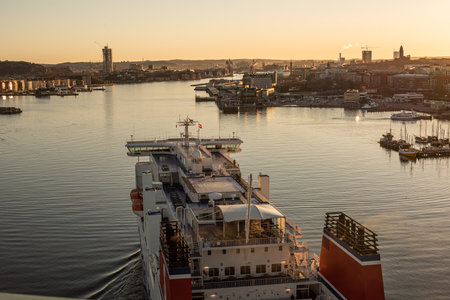 Gothenburg, Sweden - April 05 2022: Stena Jutlandica arriving port of Gothenburg in early morning...