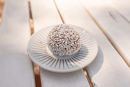 Tasty chocolate ball covered in coconut on a white plate.