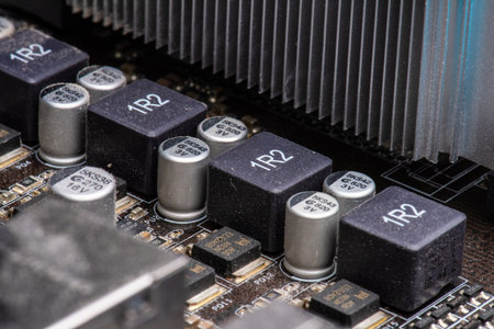 Gothenburg, Sweden - April 24 2022: Closeup of capacitors and components of a computer motherboardのeditorial素材
