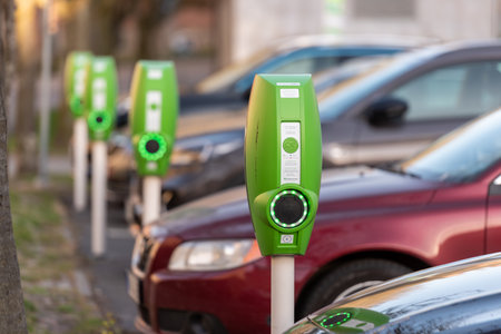 Gothenburg, Sweden - May 01 2022: Public EV electrical vehicle charging poles at a car parkのeditorial素材