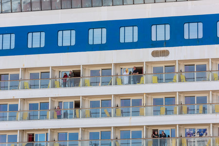 Gothenburg, Sweden - April 10 2022: People standing on blaconies of a cruise ship.のeditorial素材