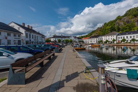 Grimstad, Norway - August 10 2021: Car and boat parking in RisÃ¸r town centerのeditorial素材