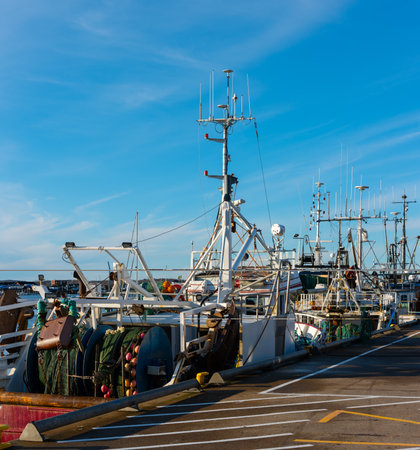 Gothenburg, Sweden - november 21 2021: Shrimp trawlers moored at FiskebÃ¤cks hamn.