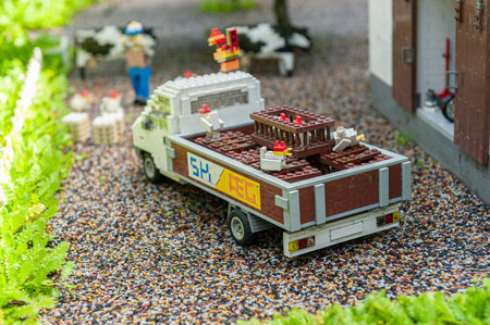 Billund, Denmark - June 26 2011: Lego model of a small lorry on a farm.のeditorial素材