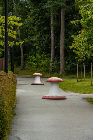 Concrete -road blocks formed to look like mushroomsの写真素材
