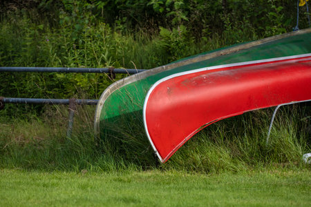 Green and red canoes in storage near a lakeの写真素材