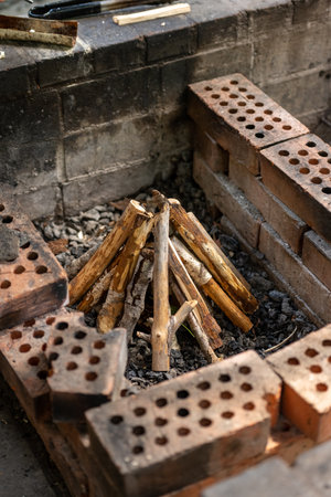 A campfire prepared to get lit for the night.の写真素材