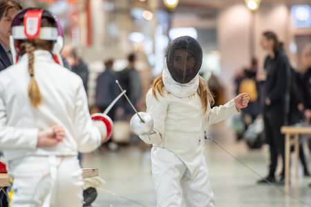 Gothenburg, Sweden - January 13 2019: Young fencers during a competition.のeditorial素材