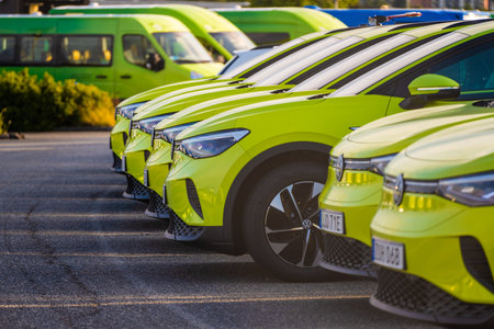 Gothenburg, Sweden - July 30 2022: Green 2022 Volkswagen ID.4 electric cars on a parking lot