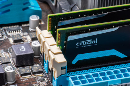 Gothenburg, Sweden - April 24 2022: Closeup of memory ports on a computer motherboardのeditorial素材