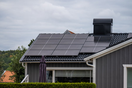 MÃ¶lndal, Sweden - september 10 2022: Solar cell panels installed on the roof of a houseのeditorial素材