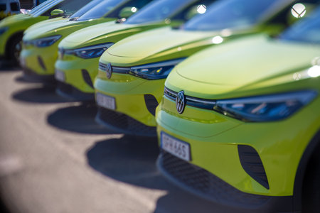 Gothenburg, Sweden - August 11 2022: Row of green VW ID4 electric carsのeditorial素材