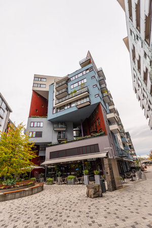 Oslo, Norway - October 13 2021: Apartment complex at Olav Selvaags plass at Tjuvholmenのeditorial素材