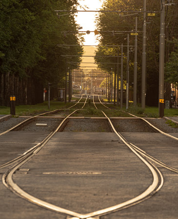 Gothenburg, Sweden - July 20 2020: Tram tracks going down an avenueのeditorial素材