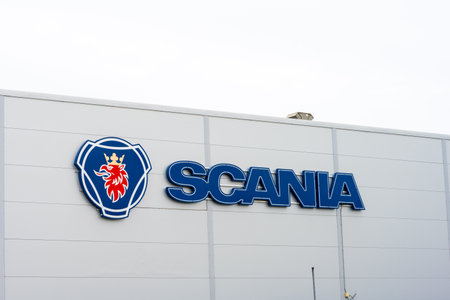 Gothenburg, Sweden - July 24 2022: Scania trucks sign on the facade of a warehouseのeditorial素材