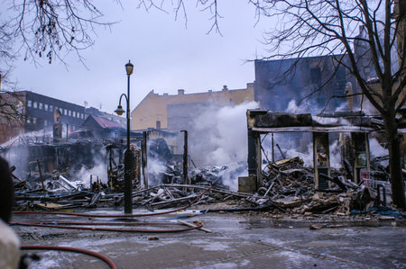 Trondheim, Norway - december 08 2002: A burnt down city block of Nordre gateのeditorial素材