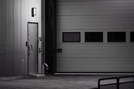 Grey warehouse port at night