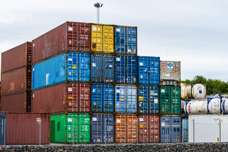 Gothenburg, Sweden - July 24 2022: Colorful stacks of shipping containersのeditorial素材