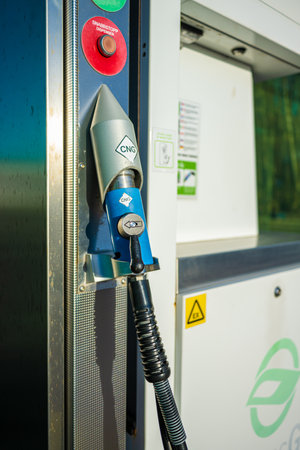 Gothenburg, Sweden - december 27 2022: CNG filling handle at a compressed gas fueling stationのeditorial素材