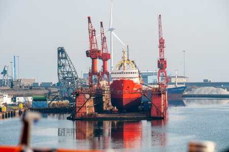 Frederikshavn, Denmark - April 22 2011: Red fishing ship in dry dockのeditorial素材