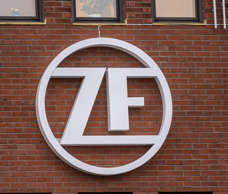 Gothenburg, Sweden - november 13 2022: Tech brand ZF logo on teh exterior of a brick office building