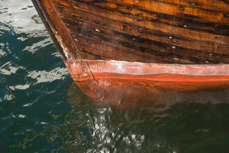 Ice reinforced bow of an old wooden boatの写真素材