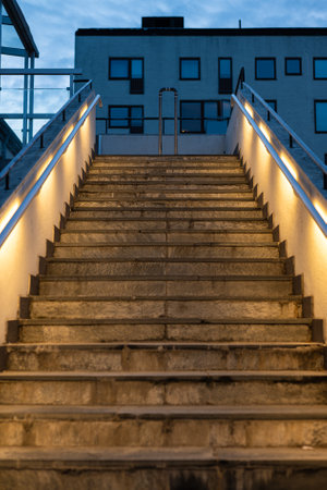 Nicely lit concrete stairs at nightの写真素材