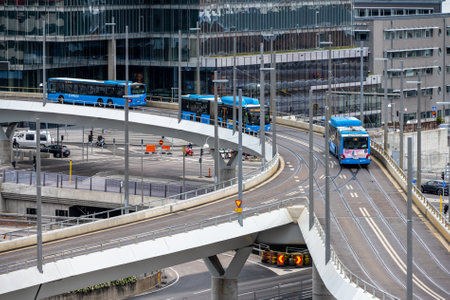Gothenburg, Sweden - June 06 2022: Buses driving up the ramp to Hisingsbron