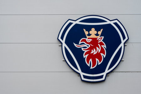 Gothenburg, Sweden - July 24 2022: Scania trucks sign on the facade of a warehouseのeditorial素材
