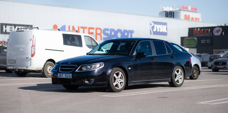 Gothenburg, Sweden - March 02 2023: Black 2009 SAAB 9-5 sedan car at a parking lot