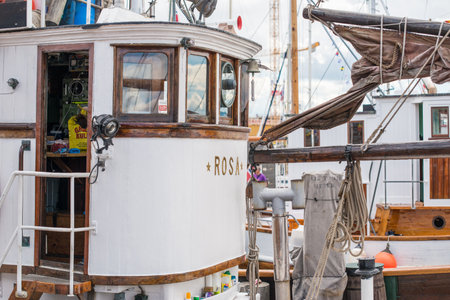 Oslo, Norway - July 19 2014: Wheel house of old wooden fishing boat Rosa