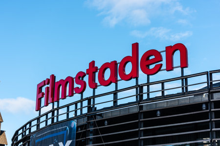 Gothenburg, Sweden - October 17 2021: Filmstaden logo on the roof of a cinema.のeditorial素材
