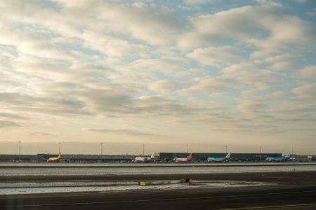 Schipol, Netherlands - February 13 2013: Freight planes lined up at a freight terminalのeditorial素材