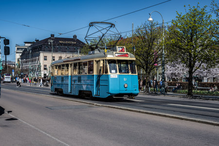 Gothenburg, Sweden - April 22 2023: Vintage blue and white tram on line 12のeditorial素材