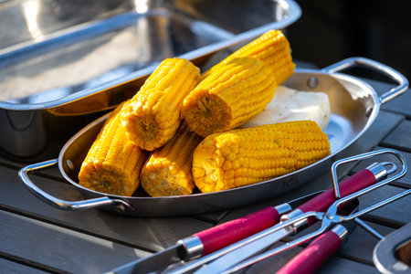 Yellow and fresh corn cobs on a plate ready for the barbecueの写真素材