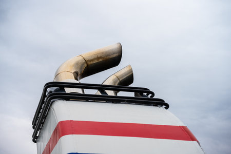 Shiny metal funnel of a large car ferryの写真素材